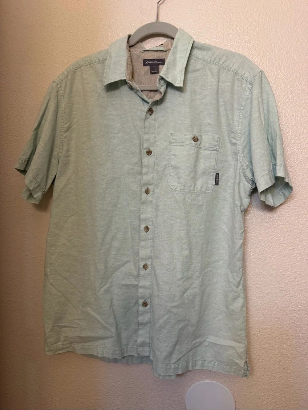 Eddie Bauer Men's Short-Sleeve Button-Down Shirt Light Green Cotton hemp large